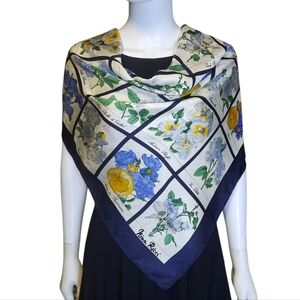 NINA RICCI Flower Chart & Perfumes Silk Jacquard Scarf 34"x34" Ivory/Navy/Multi